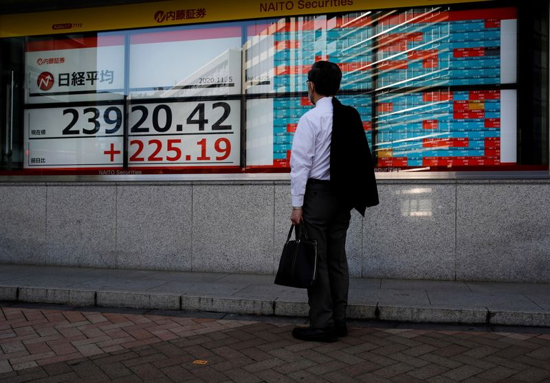 © Reuters. A man wearing a protective mask, following the coronavirus disease (COVID-19) outbreak, looks at a screen showing Nikkei index outside a brokerage in Tokyo