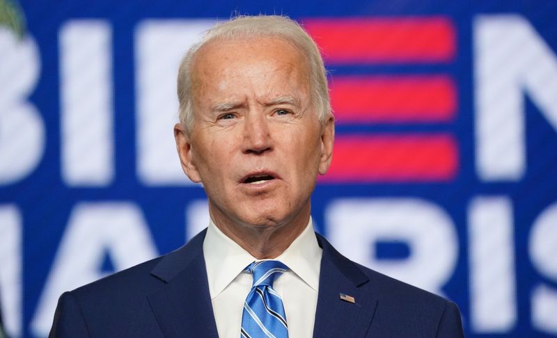 &copy; Reuters. U.S. Democratic presidential nominee Joe Biden speaks about 2020 U.S. presidential election results Wilmington, Delaware