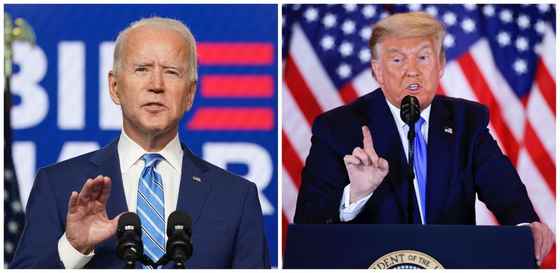 &copy; Reuters. Combination picture of Democratic U.S. presidential nominee Joe Biden and U.S. President Donald Trump speaking about the early results of the 2020 U.S. presidential election, U.S.