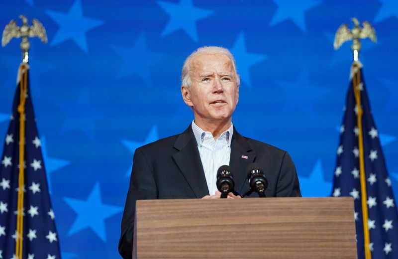 &copy; Reuters. Democratic U.S. presidential nominee Biden speaks about the 2020 presidential election in Wilmington, Delaware