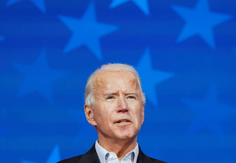 © Reuters.  El candidato presidencial demócrata de Estados Unidos, Biden, habla sobre las elecciones presidenciales de 2020 en Wilmington, Delaware.