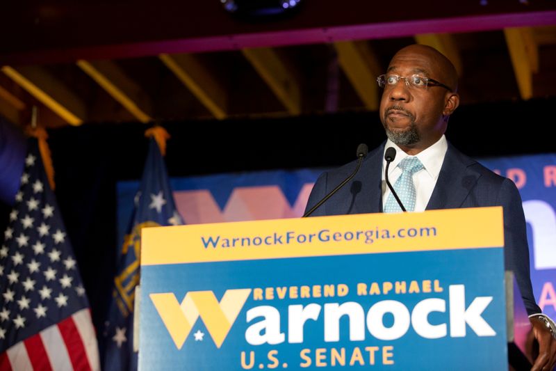 &copy; Reuters. FILE PHOTO: Democratic U.S. Senate candidate Rev. Raphael Warnock holds Election Night event in Atlanta