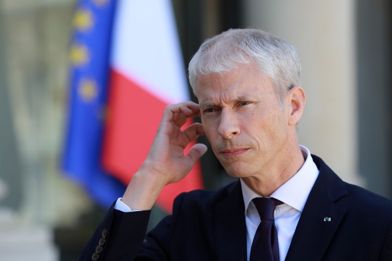 &copy; Reuters. French Culture Minister Riester speaks after video conference with artists in Paris