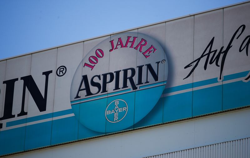 &copy; Reuters. Logo of Bayer is pictured on a billboard for its painkiller Aspirin at the headquarters in Leverkusen
