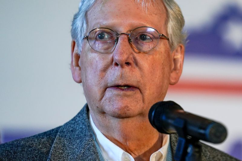 © Reuters. FILE PHOTO: Senate Majority Leader Mitch McConnell speaks at the final campaign event of his 2020 campaign for U.S. Senate in Versailles