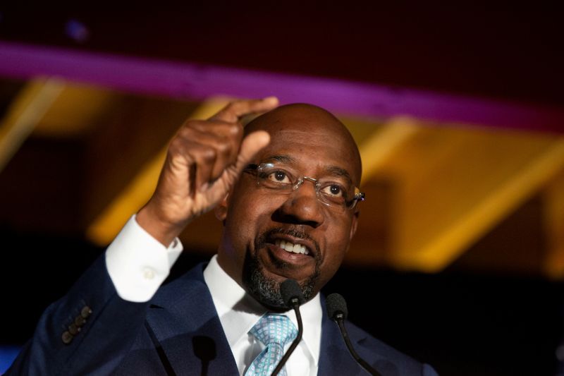 &copy; Reuters. FILE PHOTO: Democratic U.S. Senate candidate Rev. Raphael Warnock holds Election Night event in Atlanta