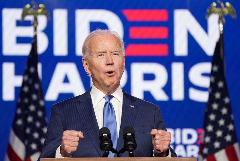 &copy; Reuters. Democratic Presidential Candidate Joe Biden makes address about election results in Wilmington, Delaware