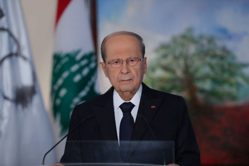 &copy; Reuters. Lebanese President Aoun delivers televised address to the public on eve of Lebanon&apos;s centenary at the presidential palace in Baabda