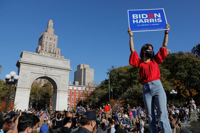 &copy; Reuters. People celebrate media announcing that Democratic U.S. presidential nominee Joe Biden has won the 2020 U.S. presidential election in Washington Square Park in Manhattan, New York City