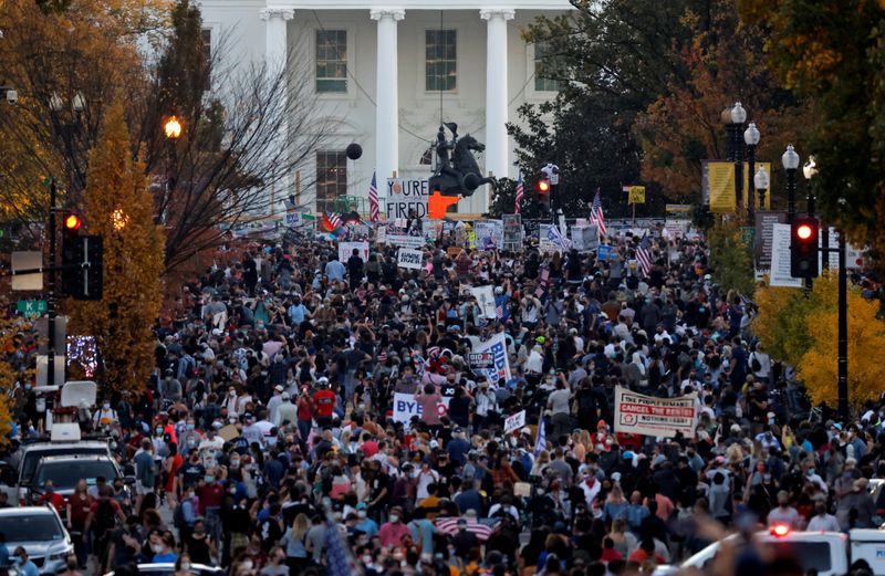 &copy; Reuters. People gather in front of the White House after news media declared Democratic U.S. presidential nominee Joe Biden to be the winner of the 2020 U.S. presidential election, in Washington