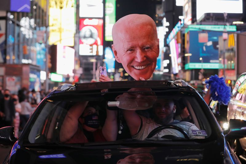 &copy; Reuters. A Biden cutout is seen on a car, as people celebrate after media announced that Democratic U.S. presidential nominee Joe Biden and vice presidential nominee Kamala Harris have won the 2020 U.S. presidential election on Times Square