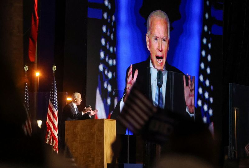 © Reuters. Democratic 2020 U.S. presidential nominee Joe Biden's election rally, after news media announced that he has won the 2020 U.S. presidential election, in Wilmington, Delaware