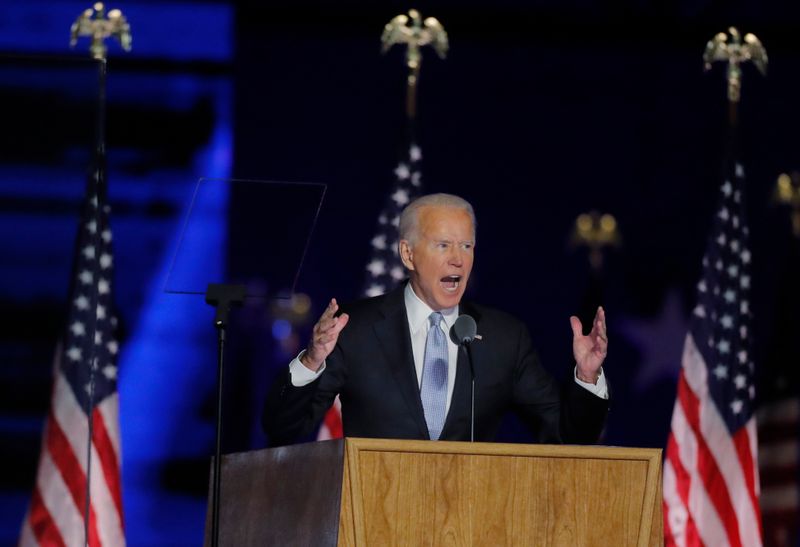 &copy; Reuters. Democratic 2020 U.S. presidential nominee Joe Biden speaks at his election rally in Wilmington