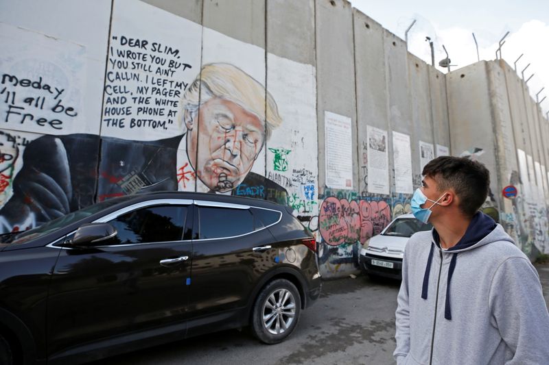 © Reuters. A Palestinian man walks past an anti-U.S. President Donald Trump mural which was painted on a section of the Israeli barrier, in Bethlehem in the Israeli-occupied West Bank