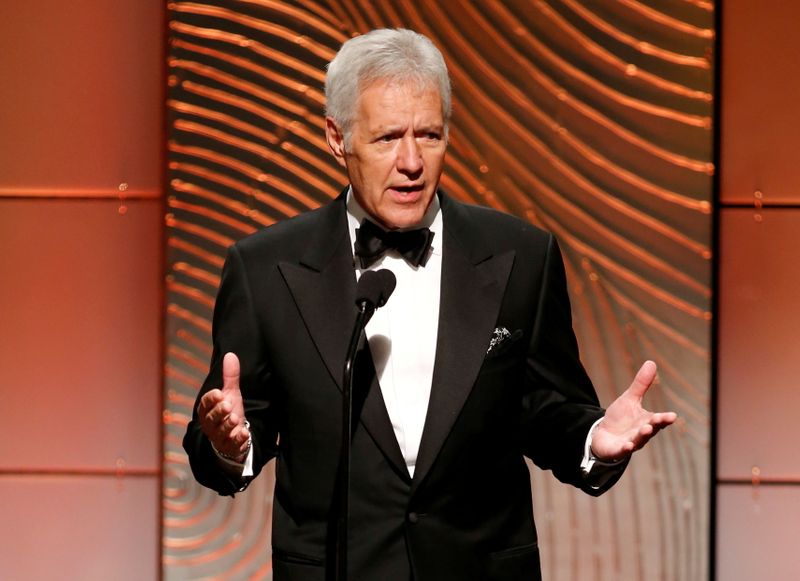 &copy; Reuters. FILE PHOTO: Jeopardy television game show host Trebek speaks on stage during the 40th annual Daytime Emmy Awards in Beverly Hills