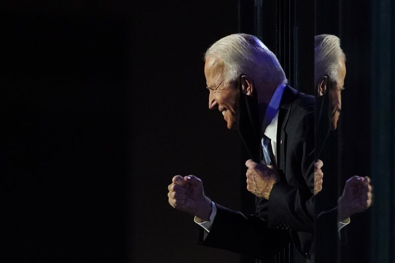 &copy; Reuters. Democratic 2020 U.S. presidential nominee Joe Biden celebrates onstage at his election rally in Wilmington