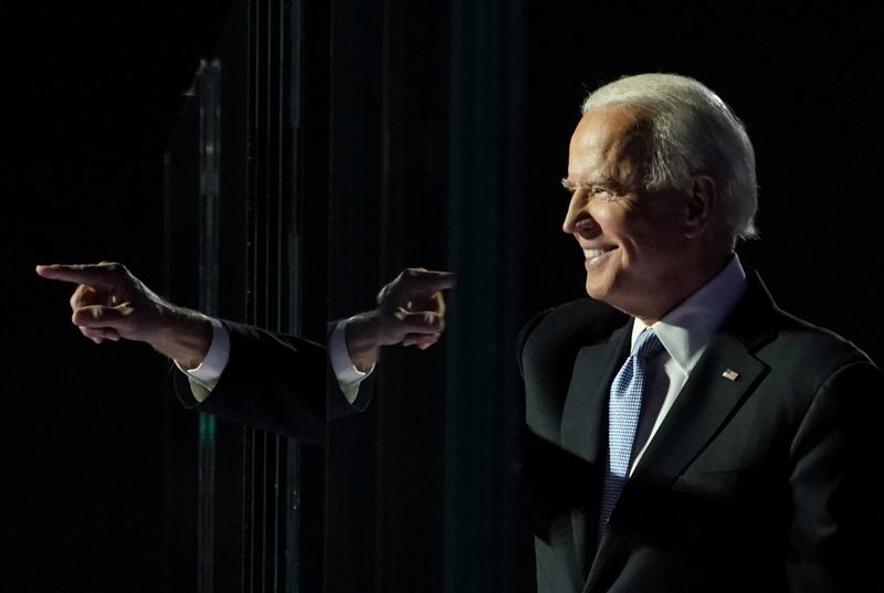 &copy; Reuters. Democratic 2020 U.S. presidential nominee Joe Biden points a finger at his election rally in Wilmington