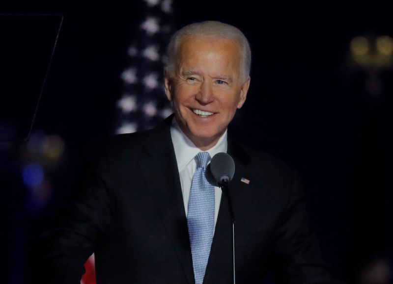&copy; Reuters. Democratic 2020 U.S. presidential nominee Joe Biden speaks at his election rally in Wilmington