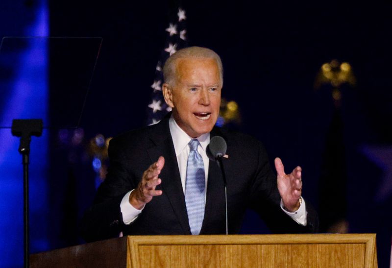 &copy; Reuters. Democratic 2020 U.S. presidential nominee Joe Biden speaks at his election rally in Wilmington