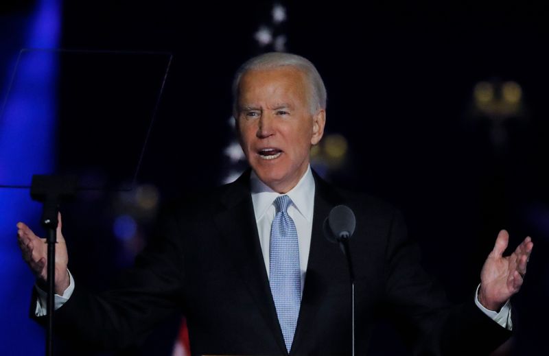 © Reuters. Democratic 2020 U.S. presidential nominee Joe Biden speaks at his election rally in Wilmington