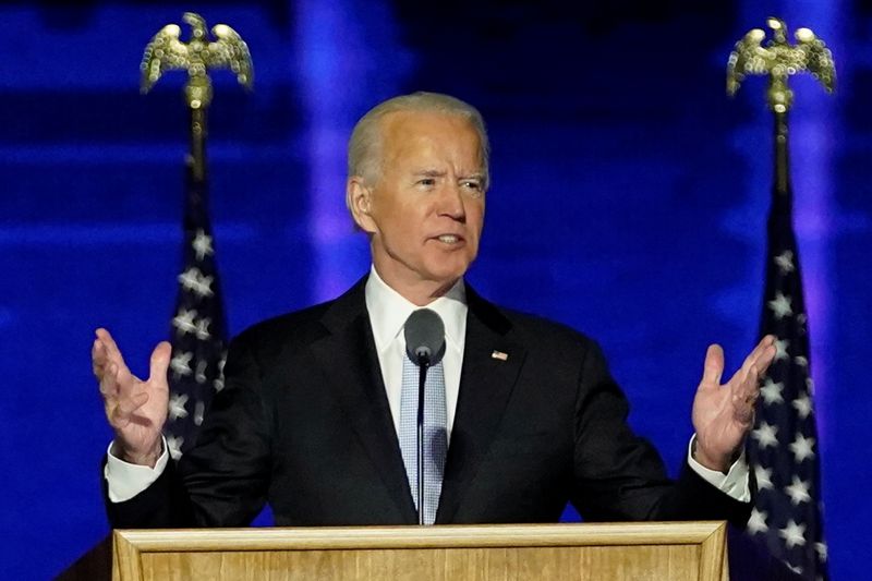 &copy; Reuters. Democratic 2020 U.S. presidential nominee Joe Biden addresses supporters at an election rally, after news media announced that Biden has won the 2020 U.S. presidential election, in Wilmington, Delaware