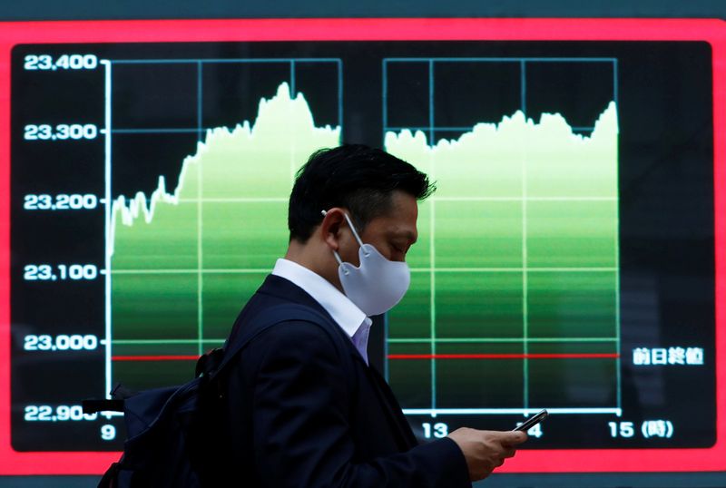 &copy; Reuters. A man wearing a protective face mask walks past a screen displaying a graph showing recent Nikkei share average outside a brokerage, amid the coronavirus disease (COVID-19) outbreak, in Tokyo