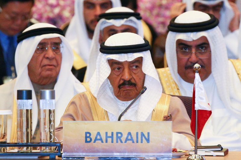 &copy; Reuters. FILE PHOTO: Bahrain&apos;s PM Prince Khalifa Bin Salman al-Khalifa attends a meeting during the Asia Cooperation Dialogue summit at the Foreign Ministry in Bangkok