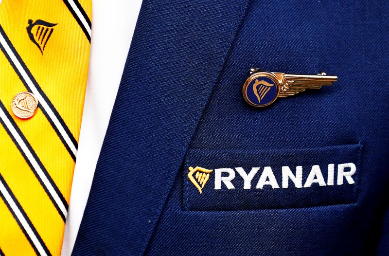 &copy; Reuters. FILE PHOTO: Ryanair logo is pictured ahead of a news conference by Ryanair union representatives in Brussels