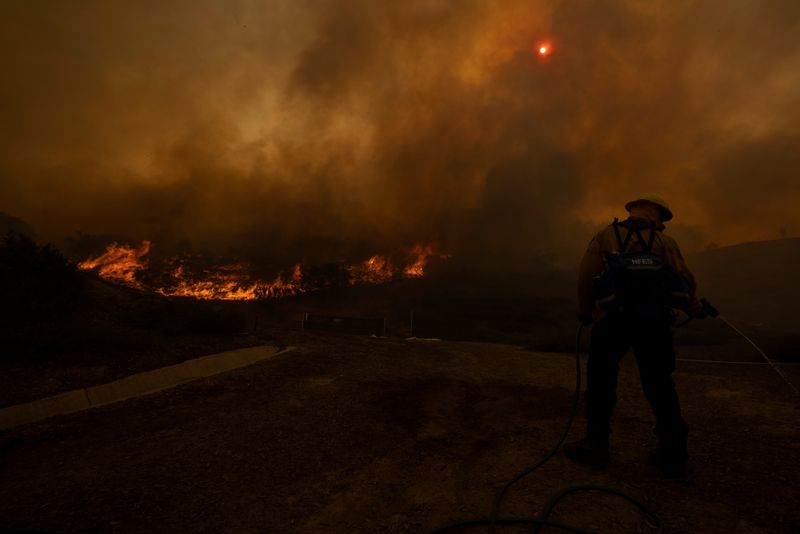 © Reuters. A firefighter uses a homeowners garden hose to help battle the Silverado Fire, a wind driven wildfire near Irvine, California