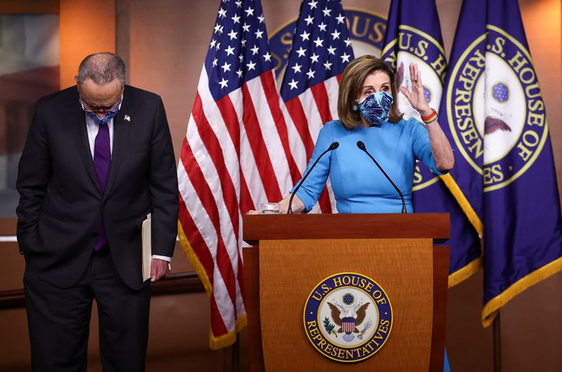 &copy; Reuters. U.S. House Speaker Pelosi and Senate Democratic Leader Schumer speak to reporters during news conference on Capitol Hill in Washington