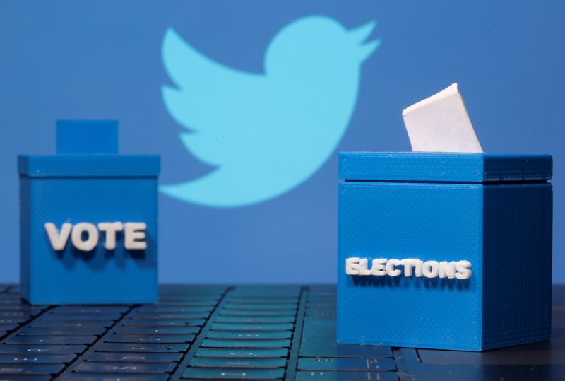 &copy; Reuters. 3D printed ballot boxes are seen in front of a displayed Twitter logo