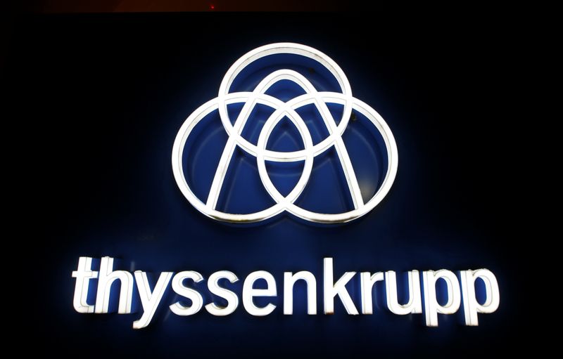 &copy; Reuters. Thyssenkrupp&apos;s logo is seen outside elevator test tower in Rottweil