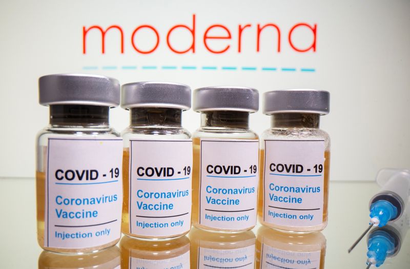 © Reuters. Vials and medical syringe are seen in front of Moderna logo in this illustration