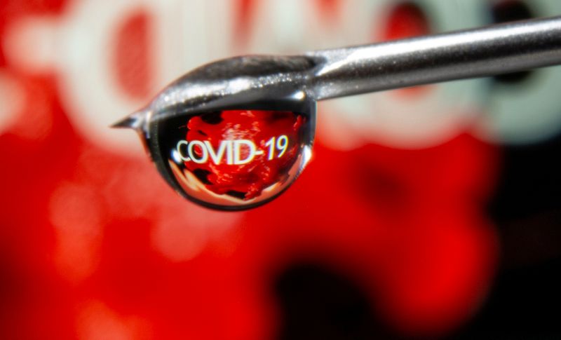 &copy; Reuters. FILE PHOTO: The word &quot;COVID-19&quot; is reflected in a drop on a syringe needle in this illustration