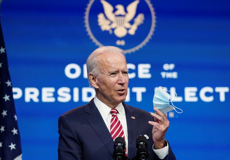 &copy; Reuters. U.S. President-elect Joe Biden speaks about the U.S. economy after a briefing in Wilmington, Delaware