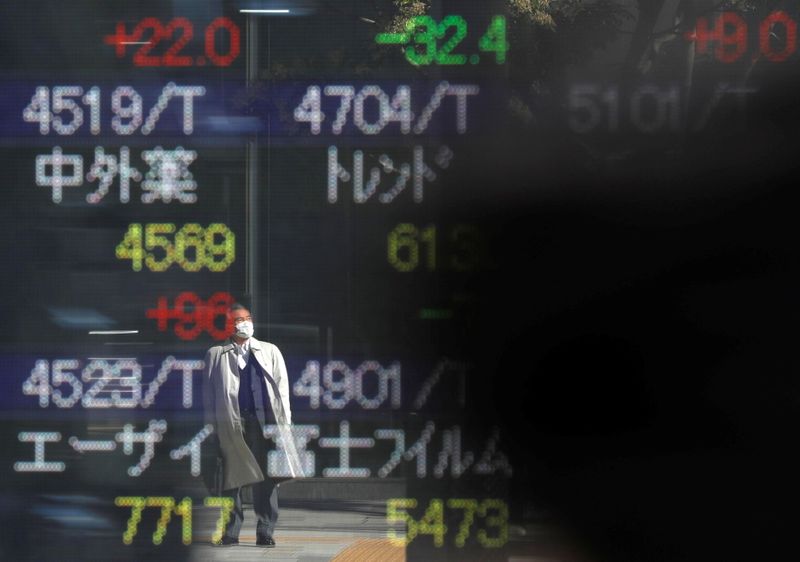 &copy; Reuters. FILE PHOTO: A man wearing a protective face mask is reflected on a stock quotation board outside a brokerage, amid the coronavirus disease (COVID-19) outbreak, in Tokyo