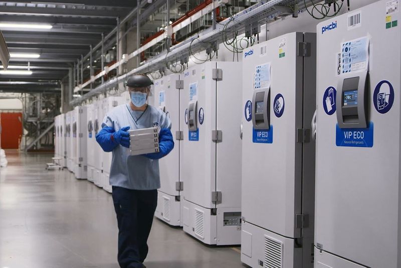 &copy; Reuters. FILE PHOTO: A worker passes a line of freezers holding coronavirus disease (COVID-19) vaccine candidate BNT162b2 at a Pfizer facility in Puurs