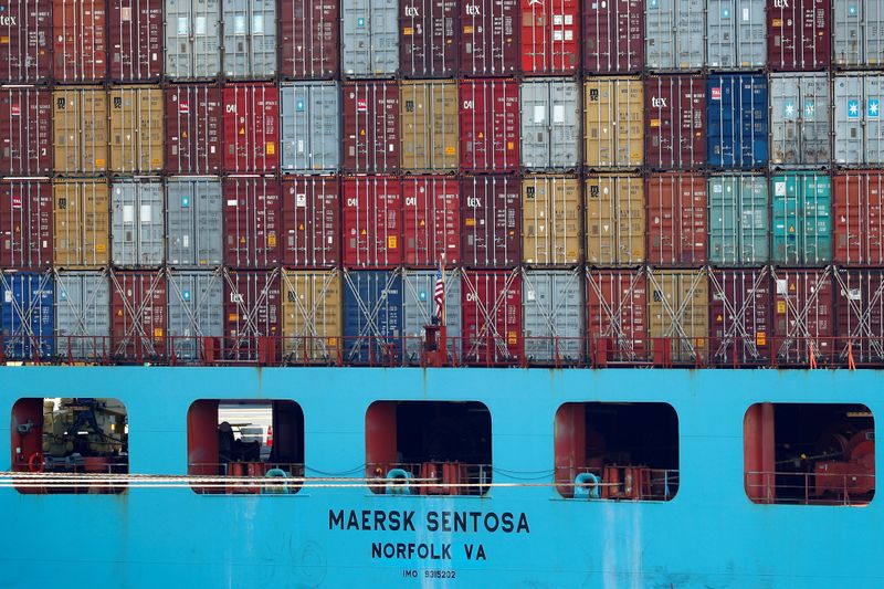 &copy; Reuters. FILE PHOTO: Containers are seen stacked up on a Maersk Sentosa container ship at the port of Antwerp