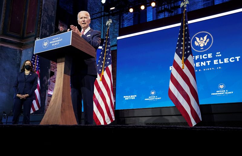 &copy; Reuters. U.S. President-elect Joe Biden speaks about the U.S. economy after a briefing in Wilmington, Delaware