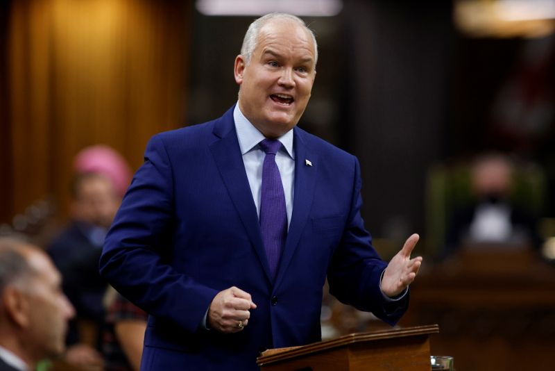 © Reuters. Canada's Conservative Party leader Erin O'Toole speaks during Question Period in the House of Commons on Parliament Hill in Ottawa