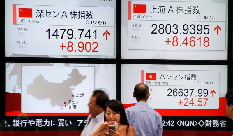 &copy; Reuters. People stand in front of an electronic board showing the stock index in China outside a brokerage in Tokyo