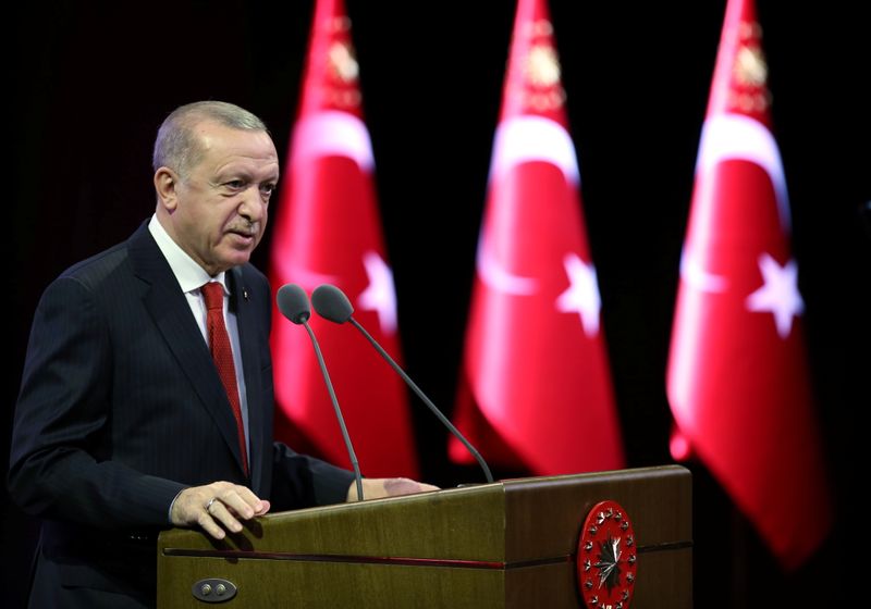 &copy; Reuters. Turkish President Erdogan speaks during a ceremony in Ankara