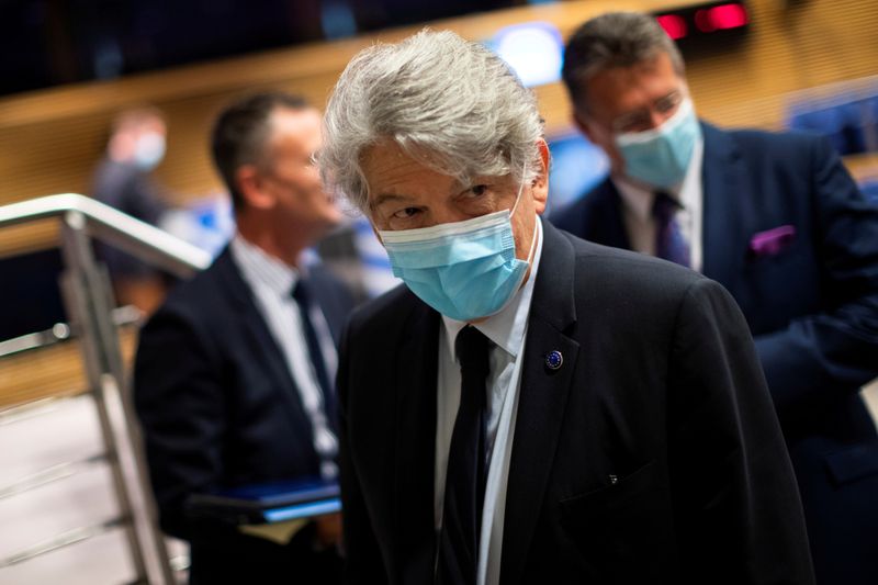 &copy; Reuters. FILE PHOTO: European Union Internal Market Commissioner Thierry Breton leaves after an online news conference at the EU headquarters in Brussels