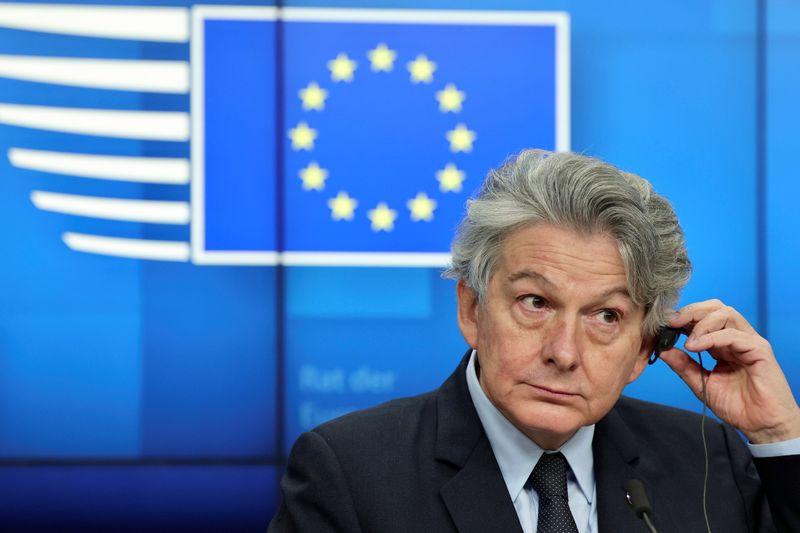 &copy; Reuters. European Commissioner for Internal Market and Services Thierry Breton atetnds a news conference at the European Council headquarters in Brussels