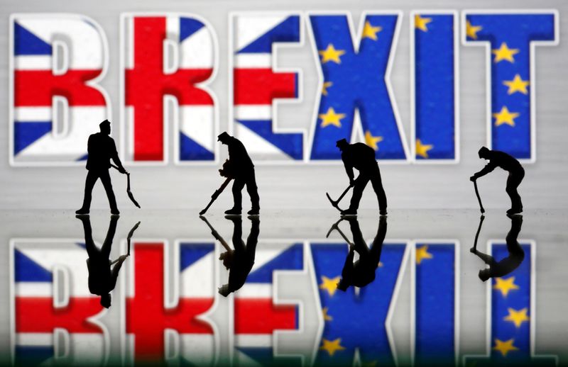 © Reuters. Small toy figures are seen in front of a Brexit logo in this illustration picture