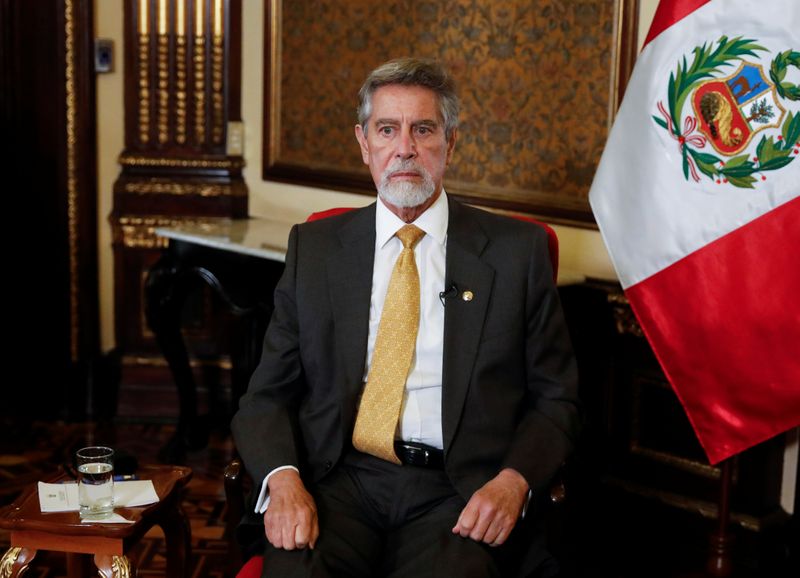 © Reuters. Peru's interim President Francisco Sagasti speaks to Reuters in Lima