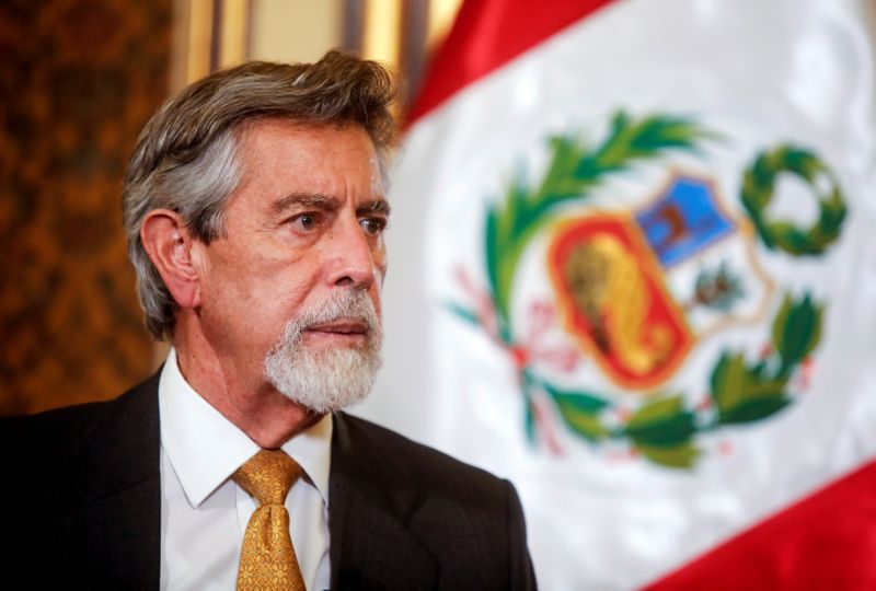 © Reuters. Peru's interim President Francisco Sagasti talks to Reuters, in Lima