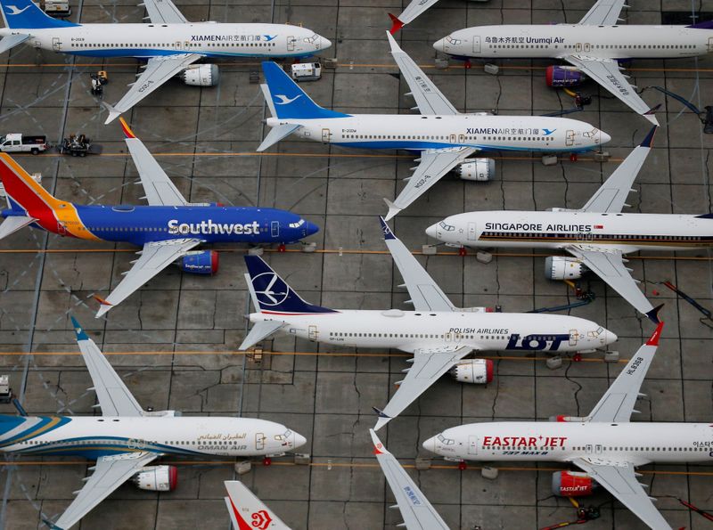 &copy; Reuters. FILE PHOTO: Grounded Boeing 737 MAX aircraft are seen parked at Boeing facilities at Grant County International Airport in Moses Lake