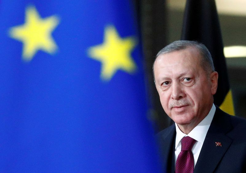 &copy; Reuters. FILE PHOTO: Turkish President Tayyip Erdogan arrives for a meeting with EU Council President Charles Michel in Brussels