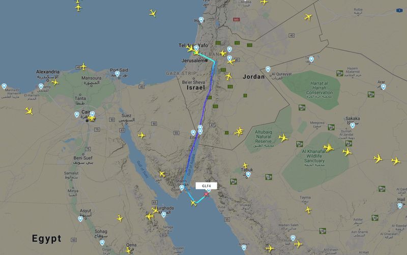 © Reuters. The route taken on November 22, 2020 from Israel's Tel Aviv to Neom, on Saudi Arabia's Red Sea coast, is seen in this still image obtained by Reuters from the aviation tracking website flightradar24.com on November 23, 2020